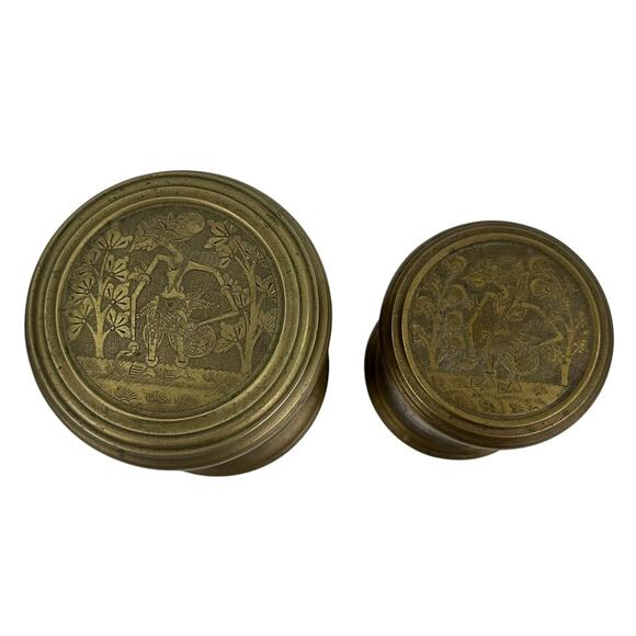 2 Vintage Brass Canister Jar Urn Humidor Etched Floral & Figural Design - Picture 4 of 11